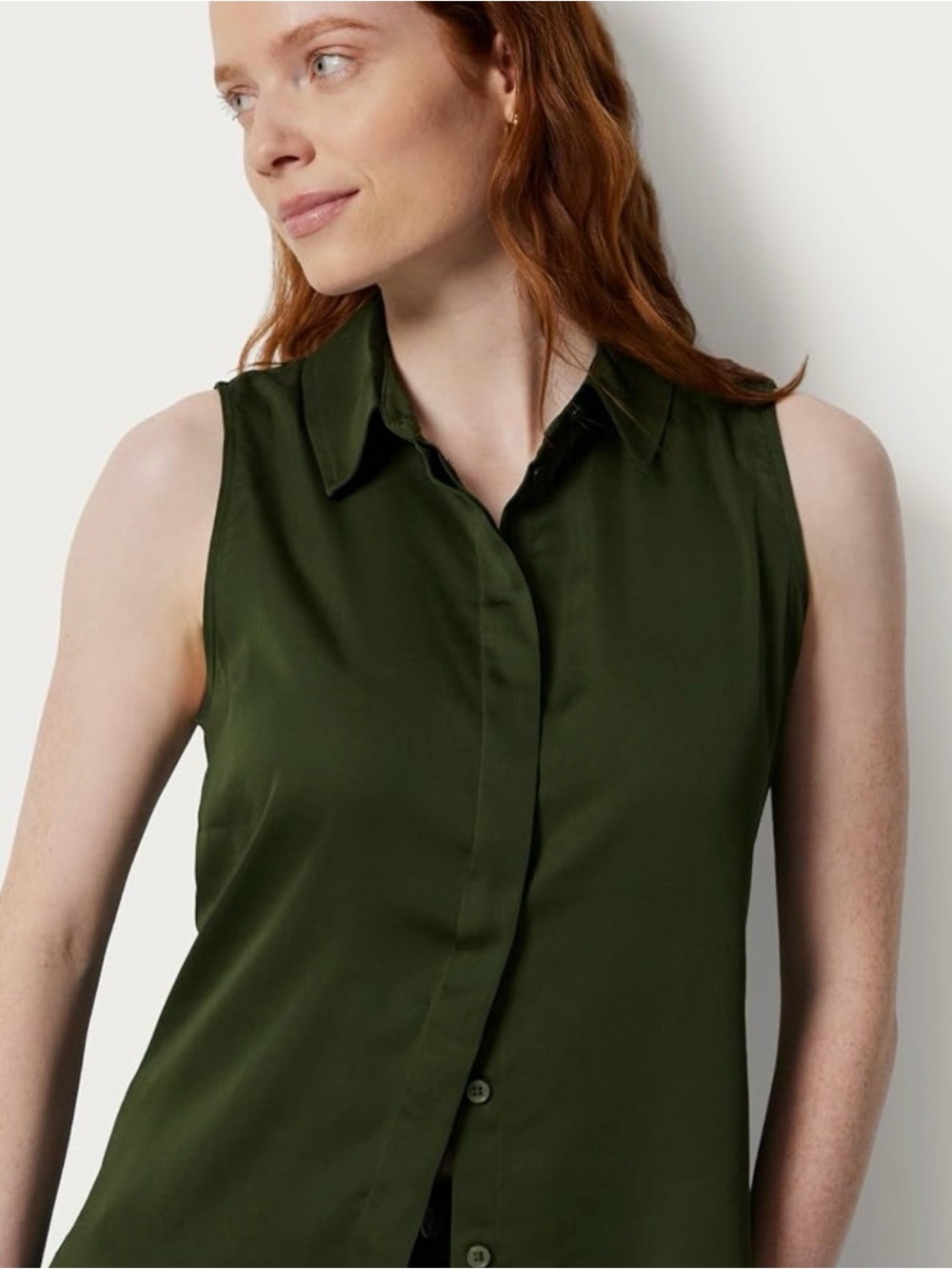 Sleeveless Button-Front Collared Top in Olive Green